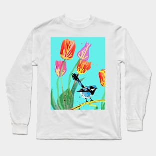 Abstract Blue Wren and Tulips Painting Long Sleeve T-Shirt